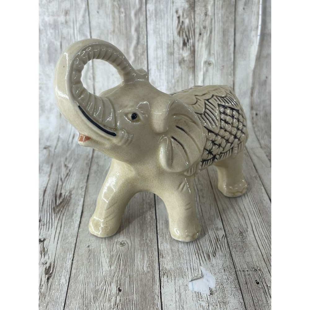 7” Elephant w/ Tusk Up Ceramic Statue Made in Brazil Figurine White